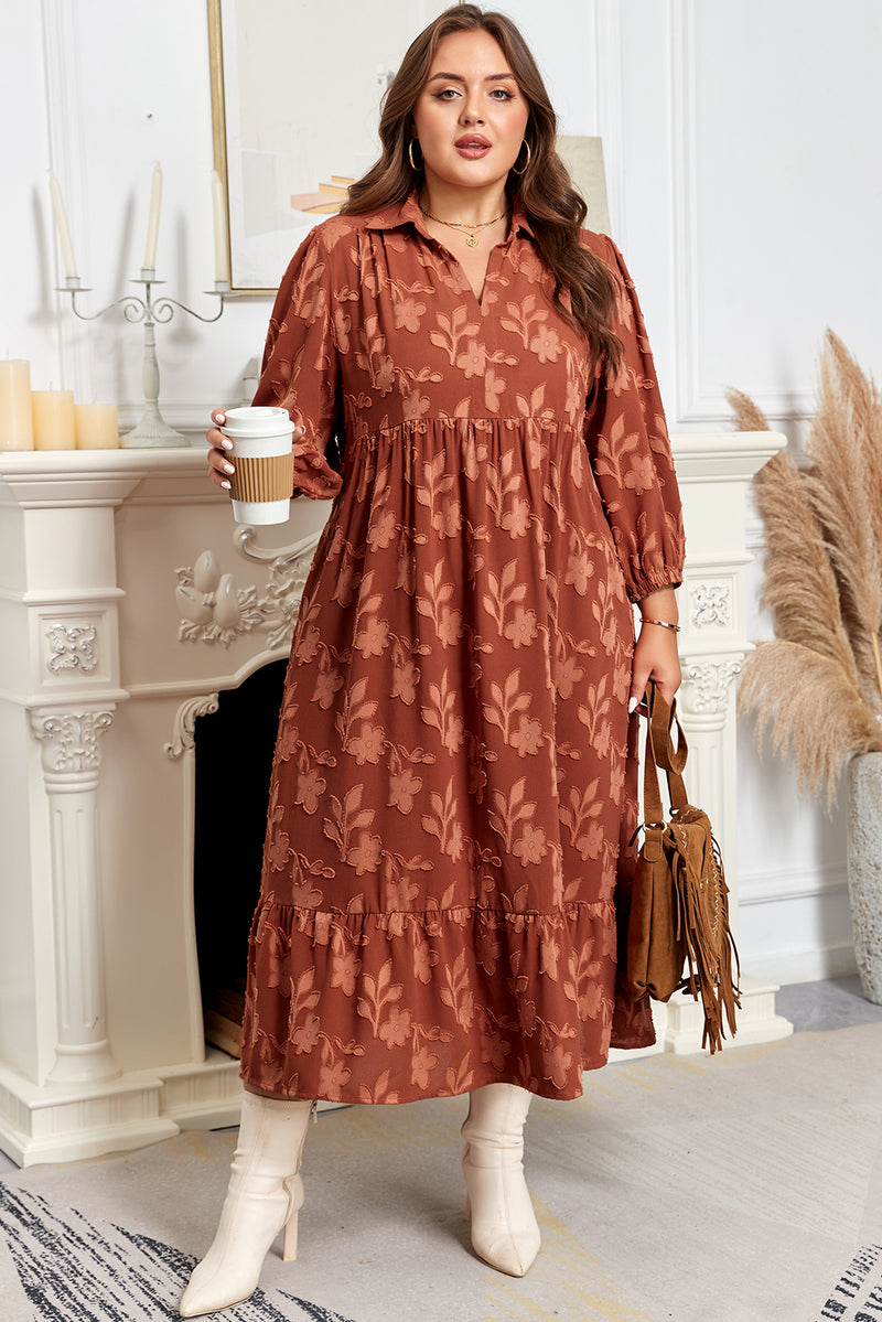 Plus Size Textured 3D Flower Pattern Ruffle Hem 3/4 Sleeve Long Dress