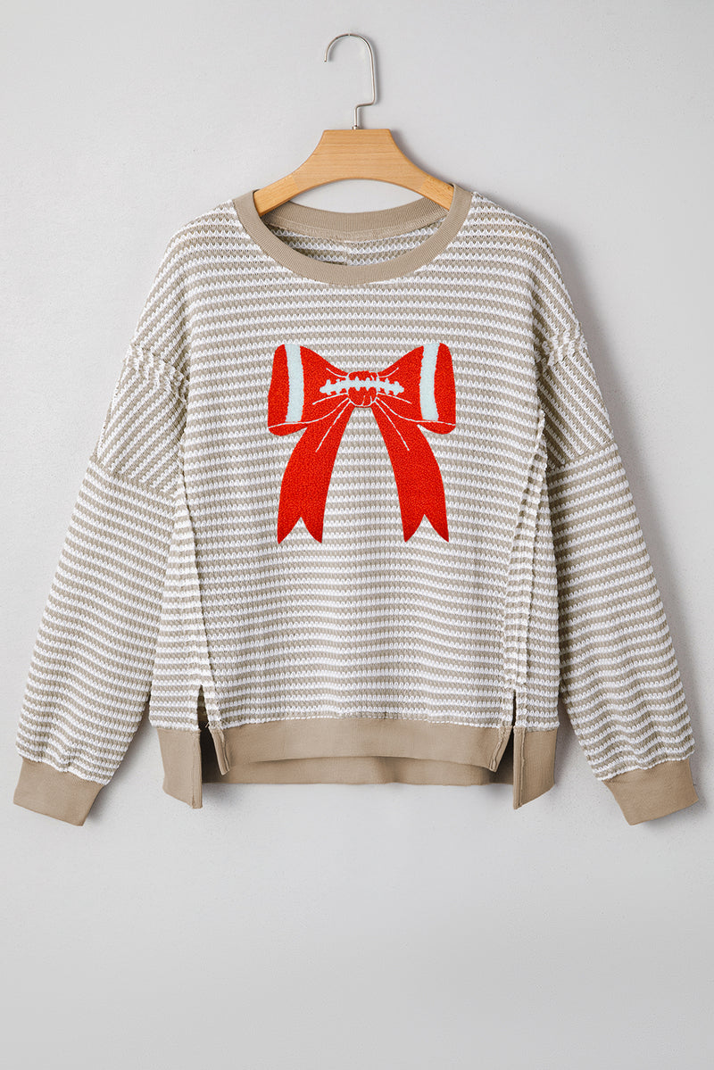 Stripe Chenille Bow Patched Drop Shoulder Long Sleeve Top