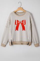 Stripe Chenille Bow Patched Drop Shoulder Long Sleeve Top