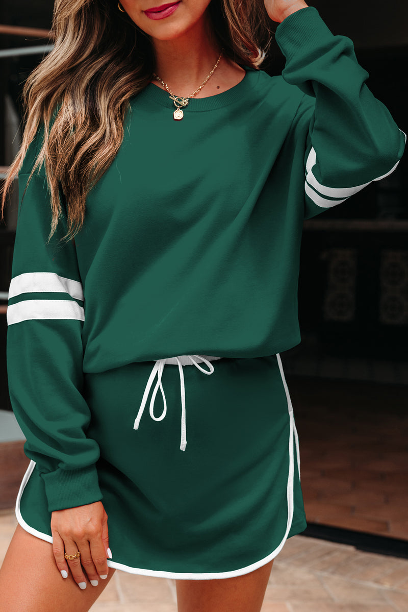 Varsity Stripe Detail Drop Shoulder Pullover Mini Skirt Set