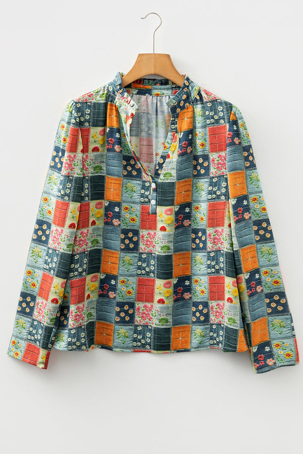 Fall Floral Half Placket Collared V Neck Blouse