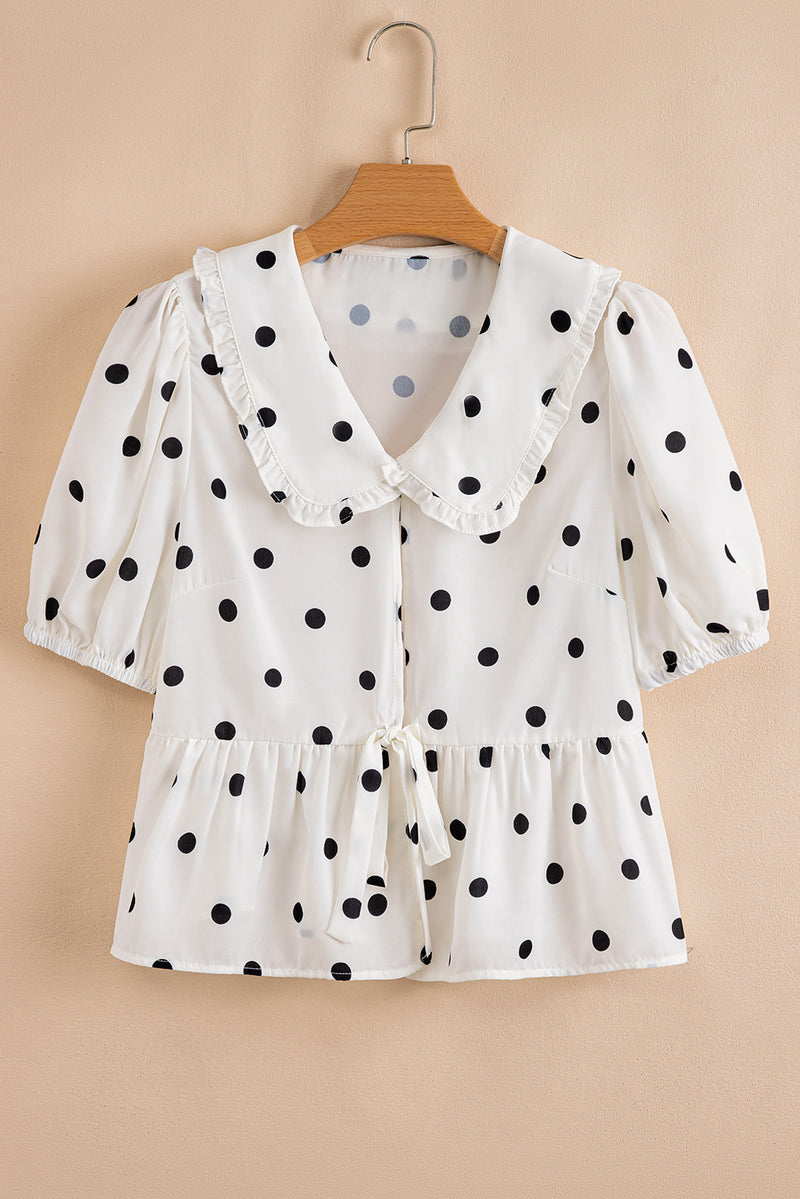 White Polka Dot Collared Lace up Font Puff Sleeve Peplum Top