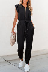 Zipper Flutter Sleeve Drawstring Elastic Waistband Jumpsuit