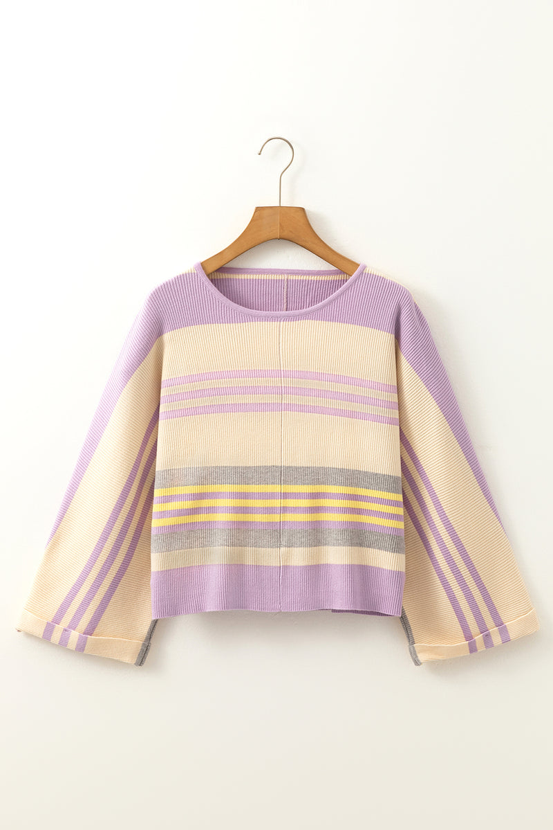 Stripe Borderline Rib Knit Cuffed Dolman Sleeve Sweater