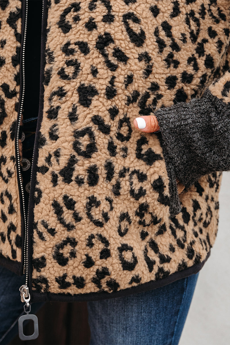 Leopard Print Zip Up Stand Neck Side Pocket Jacket