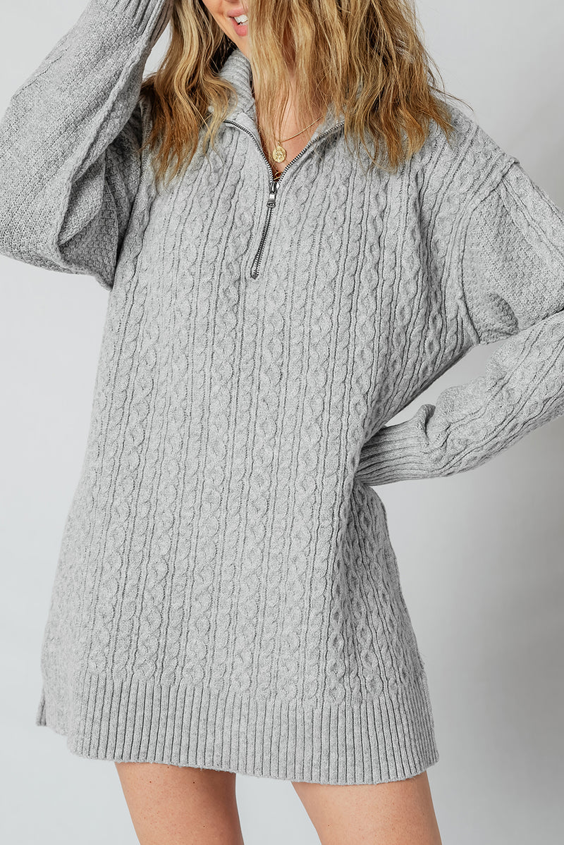 High Cable Knit Quarter Zip Ribbed Trim Loose Sweater Dress