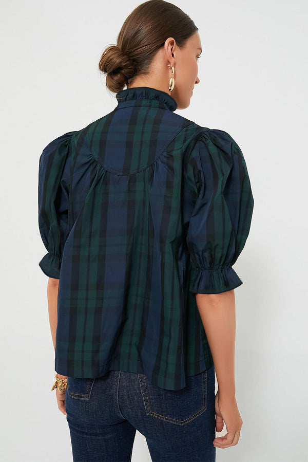 Solid Stripe Plaid Puff Sleeve Frilled Trim Elegant Blouse
