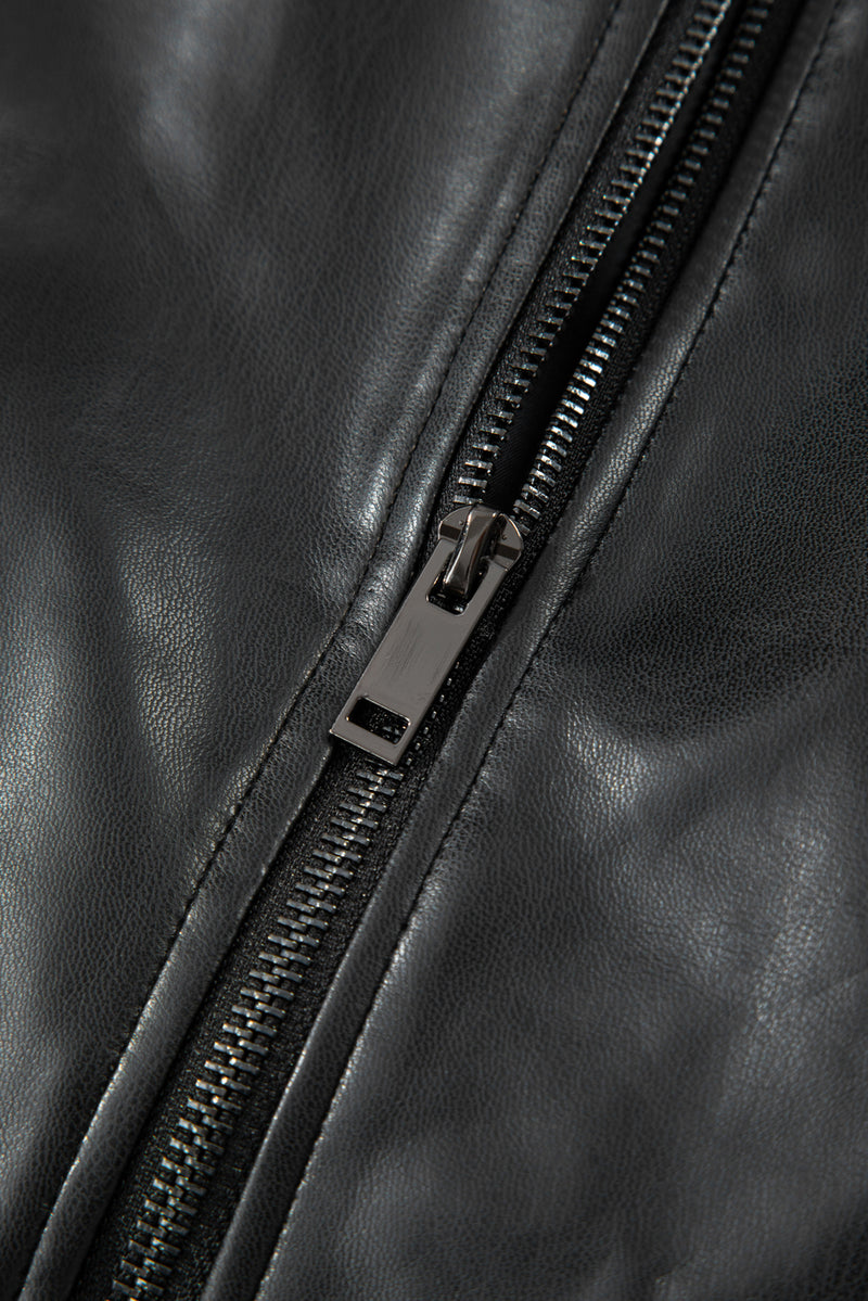 Double Flap Pocket Faux Leather Zip Up Stand Neck Vest