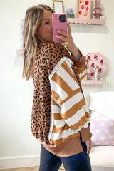 Stripe Color Block Patchwork Leopard Casual Sweatshirt with Slits