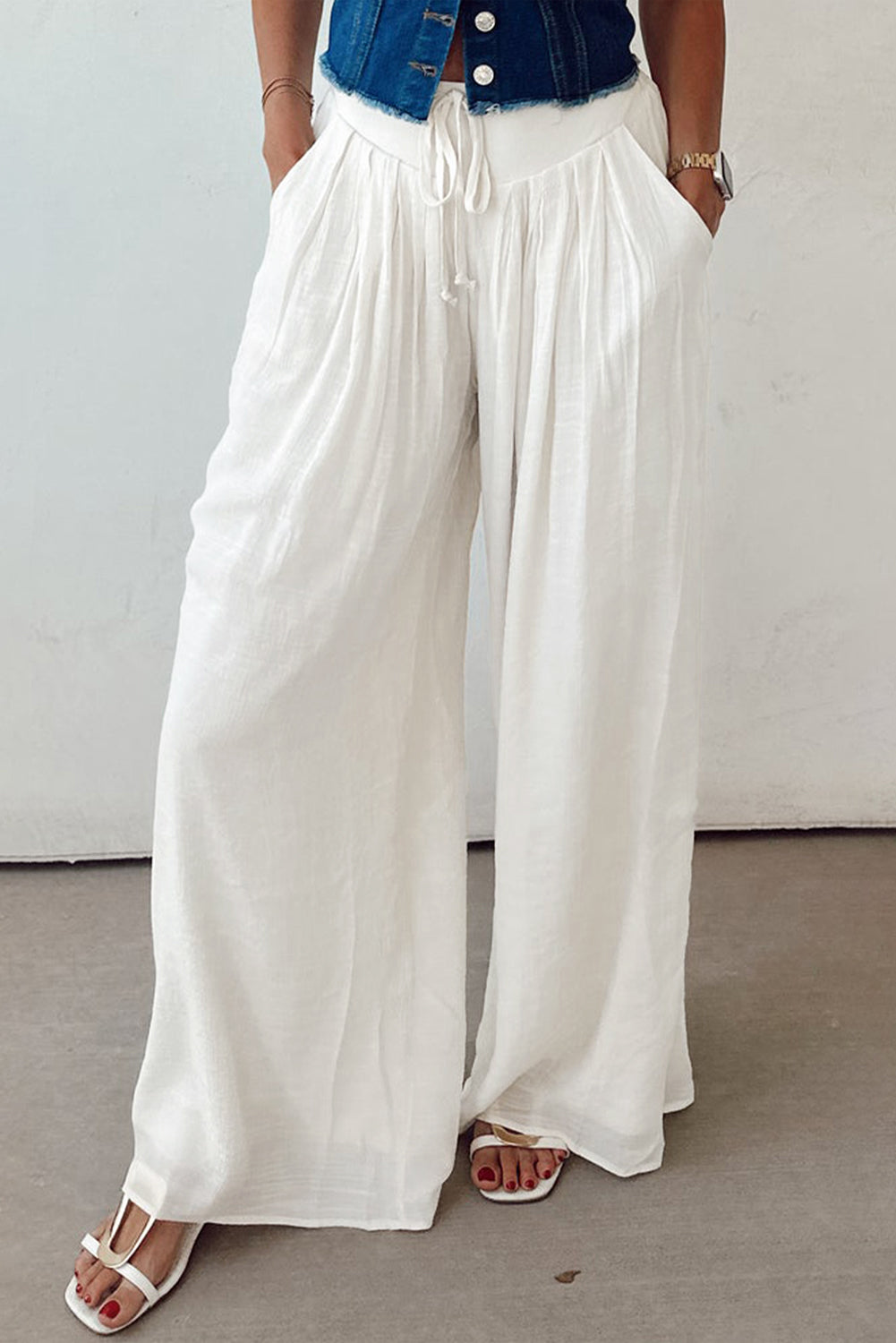 Solid Drop Waist Pleated Wide Leg Casual Pants