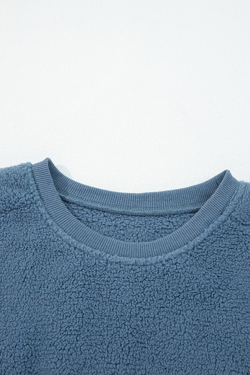 Fleece Drop Shoulder Exposed Seam Patchwork Casual Sweatshirt