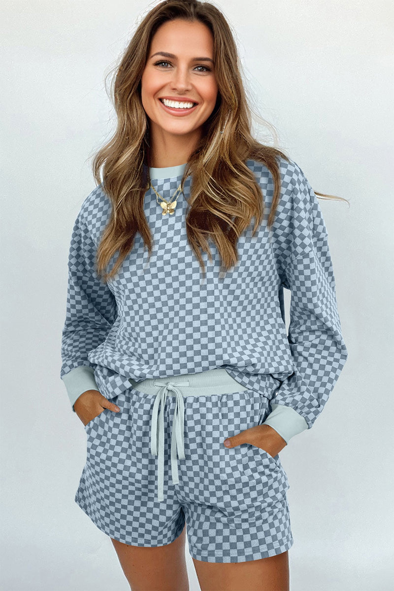 Checkerboard Long Sleeve Pullover and Shorts Set