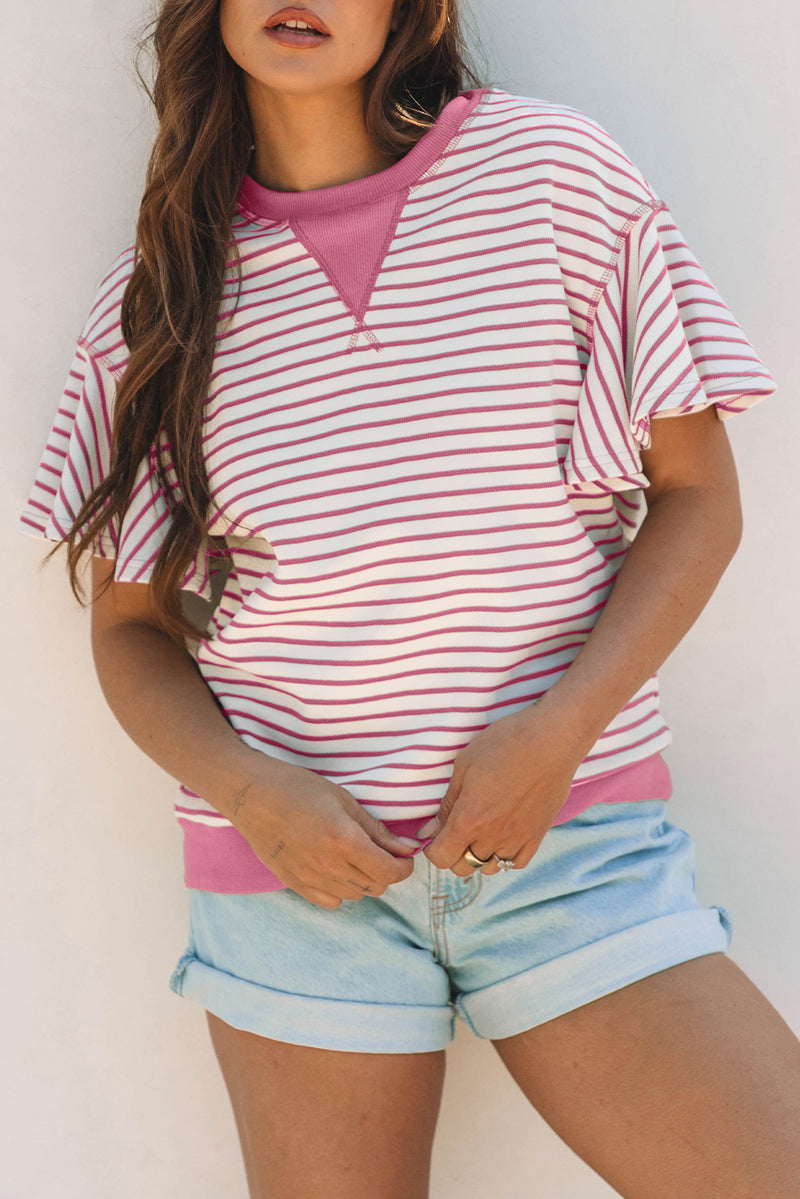 Contrast Detail Striped Ruffle Short Sleeve Top
