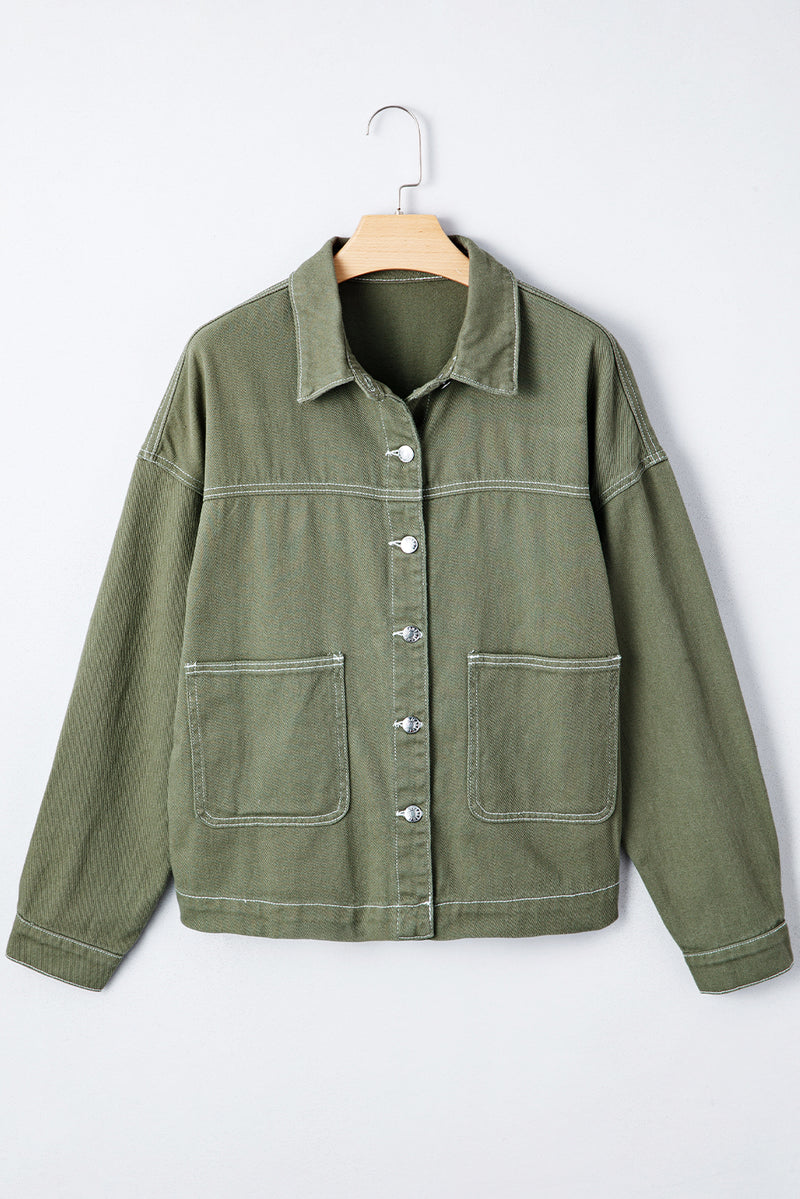 Moss Green Patched Pocket Collared Button Front Boyfriend Denim Jacket