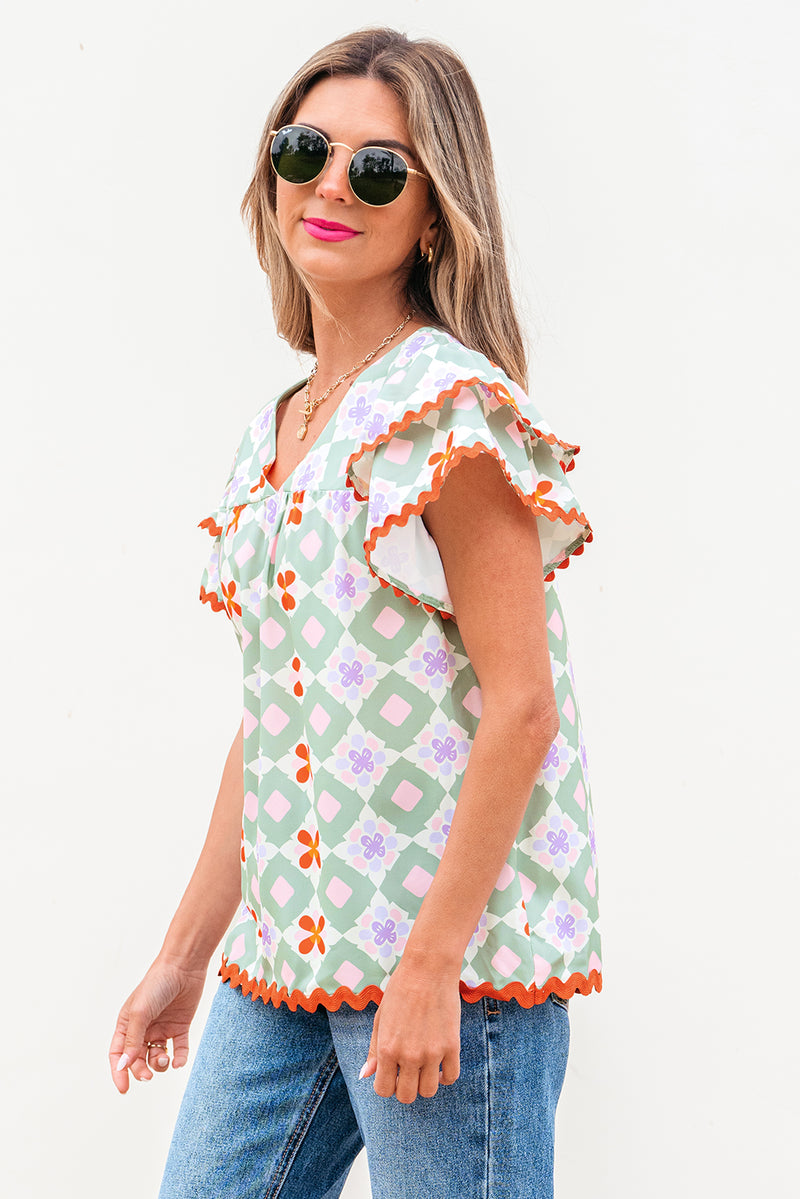 Geometric Floral Print Layered Flutter Sleeve V Neck Ric Rac Trim Blouse