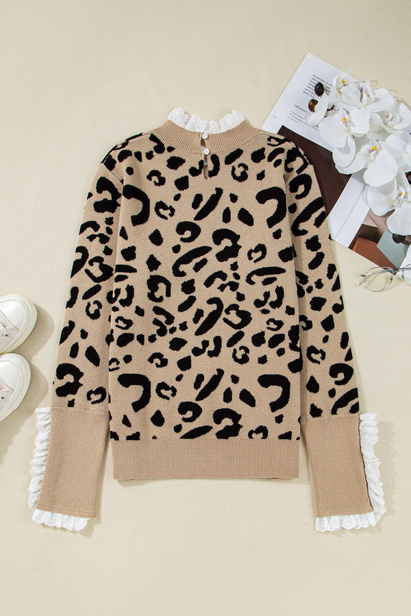 Leopard Pattern Lace Ribbed Detail Button Cuffed Sweater