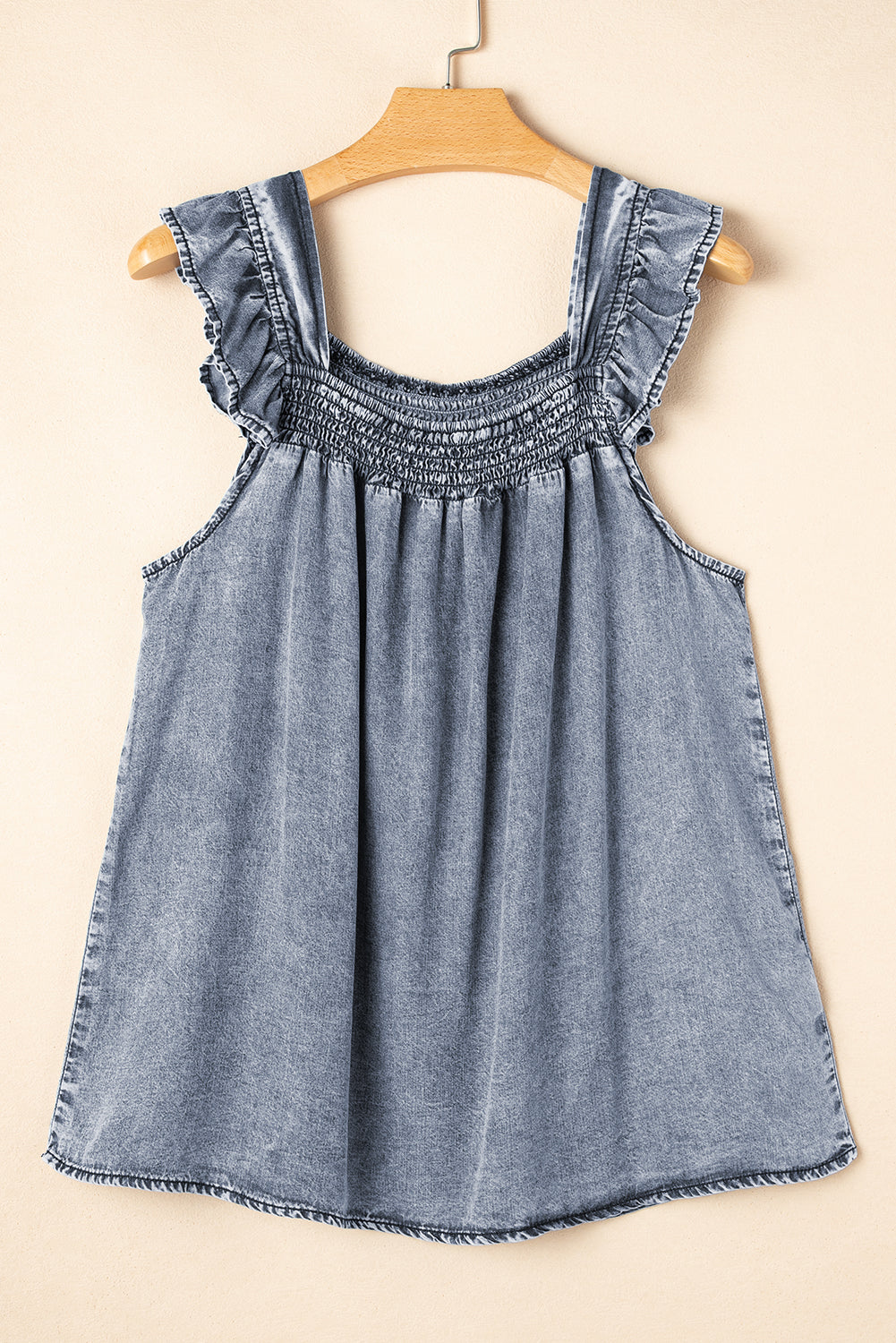 Ruffled Shirred Neckline Sleeveless Denim Tank Top