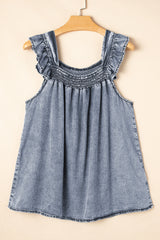 Ruffled Shirred Neckline Sleeveless Denim Tank Top