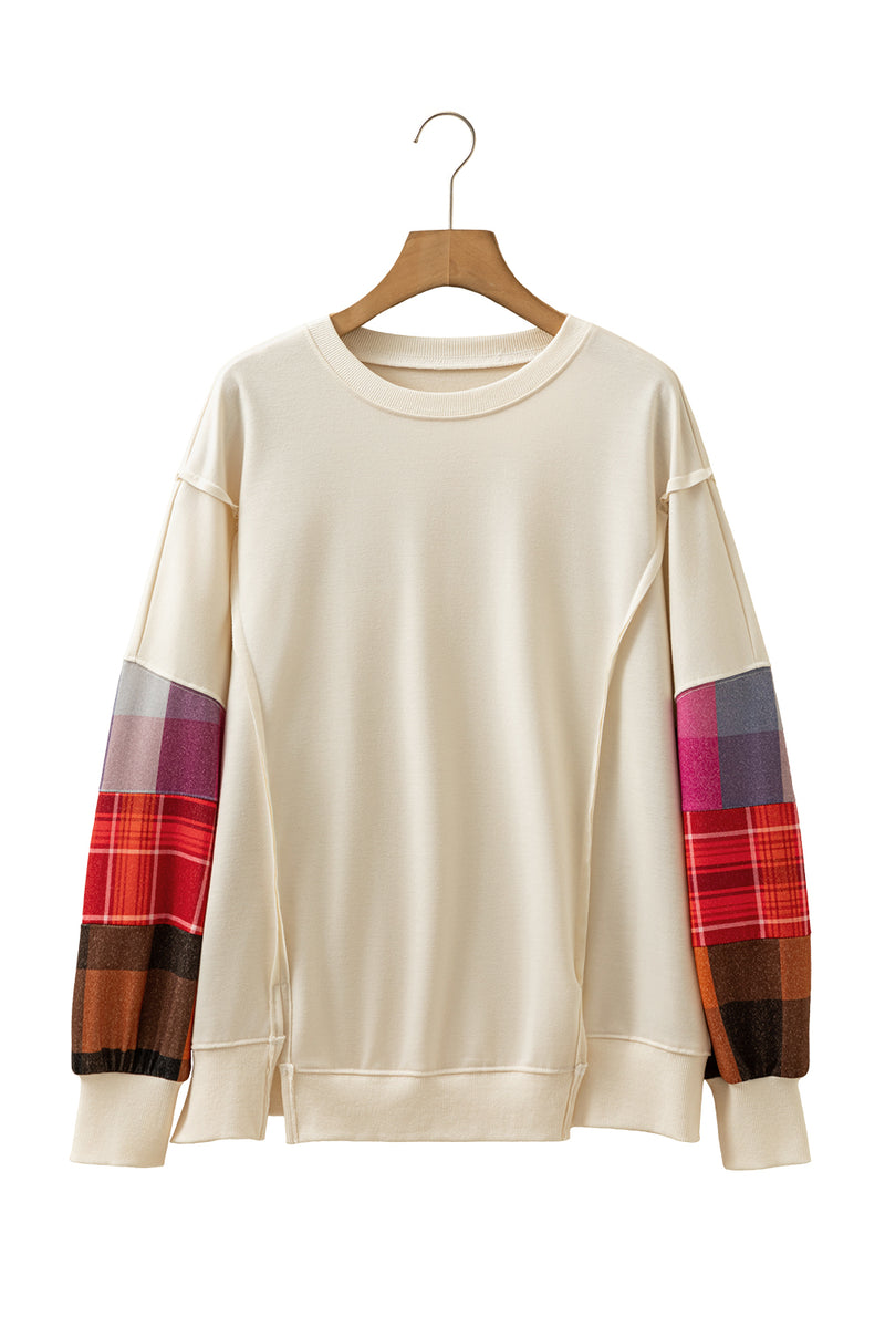 Contrast Plaid Long Sleeve Exposed Seam Patchwork Top