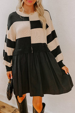 Stripe Two in One Knitted Top High Waist Splicing Hem Sweater Dress