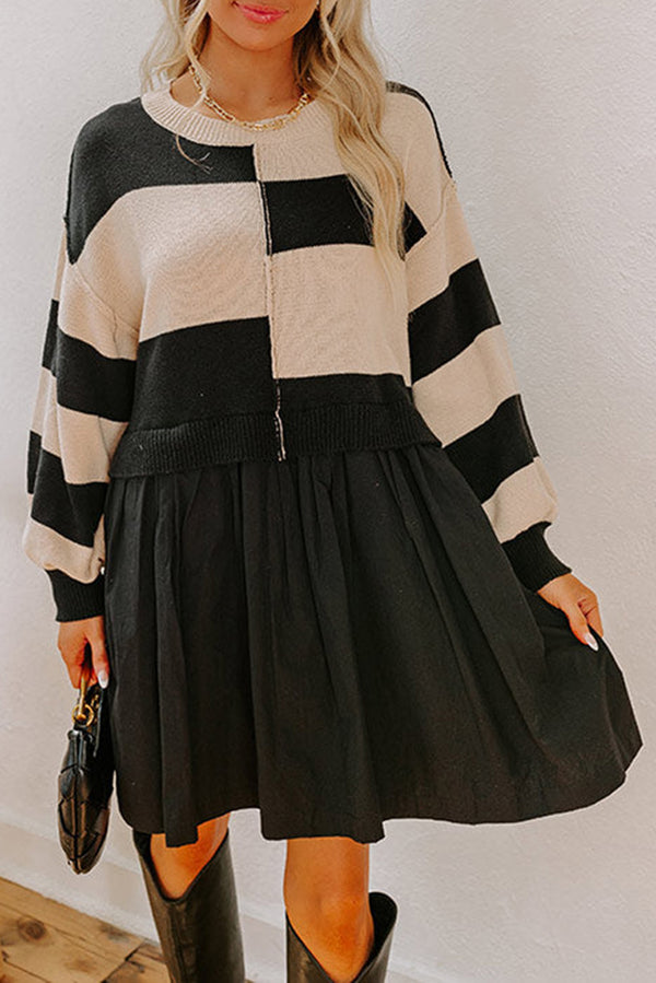 Stripe Two in One Knitted Top High Waist Splicing Hem Sweater Dress