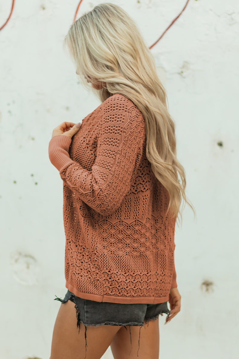 Brown Mix Pattern Hollowed Knit Open Front Cardigan