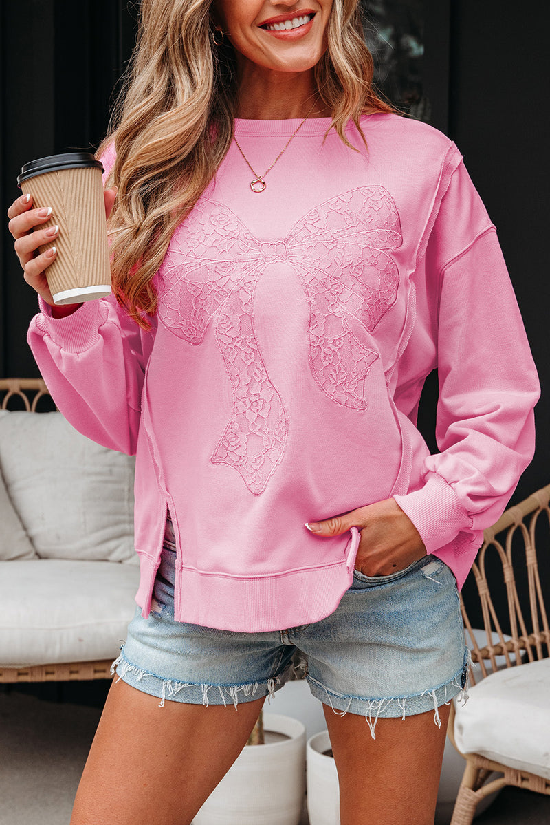 Lace Insert Bow Embroidered Exposed Seam Sweatshirt