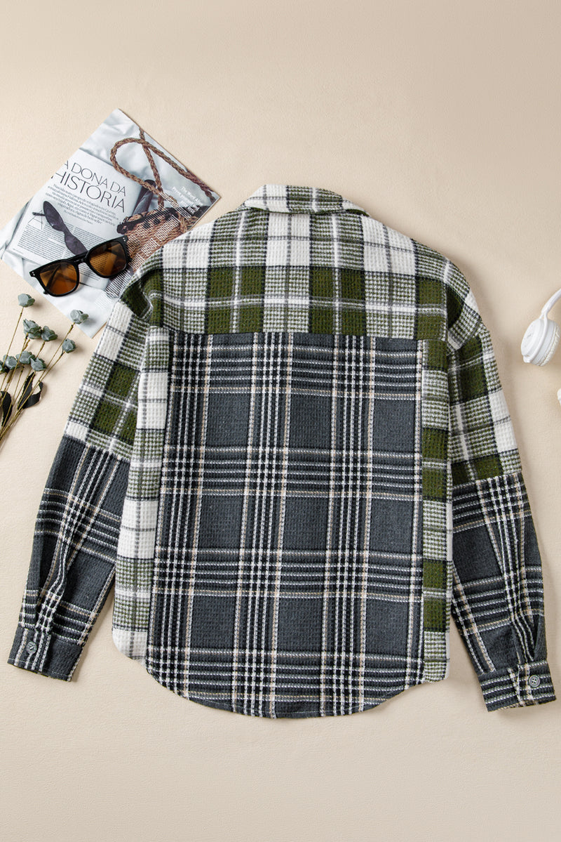 Plaid Print Textured Knit Buttoned Shacket