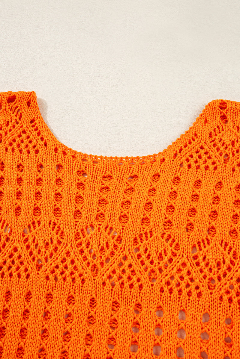 Orange Solid Color Open Crochet Scallop Edge Sweater