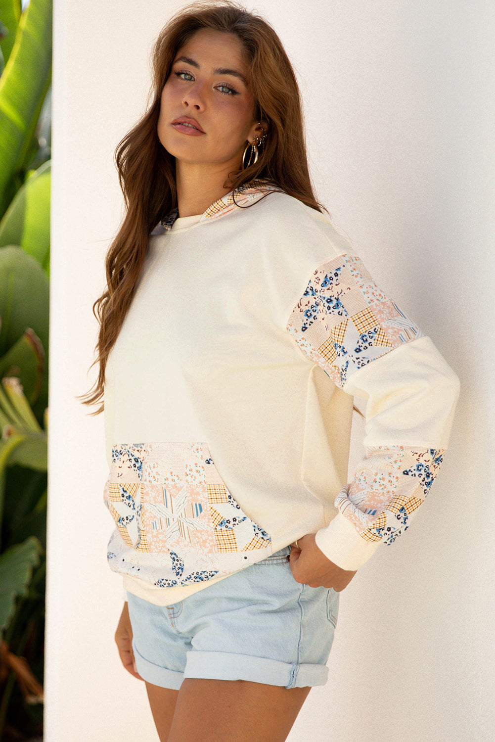 Western Geo Pattern Patchwork Hoodie with Kangaroo Pocket