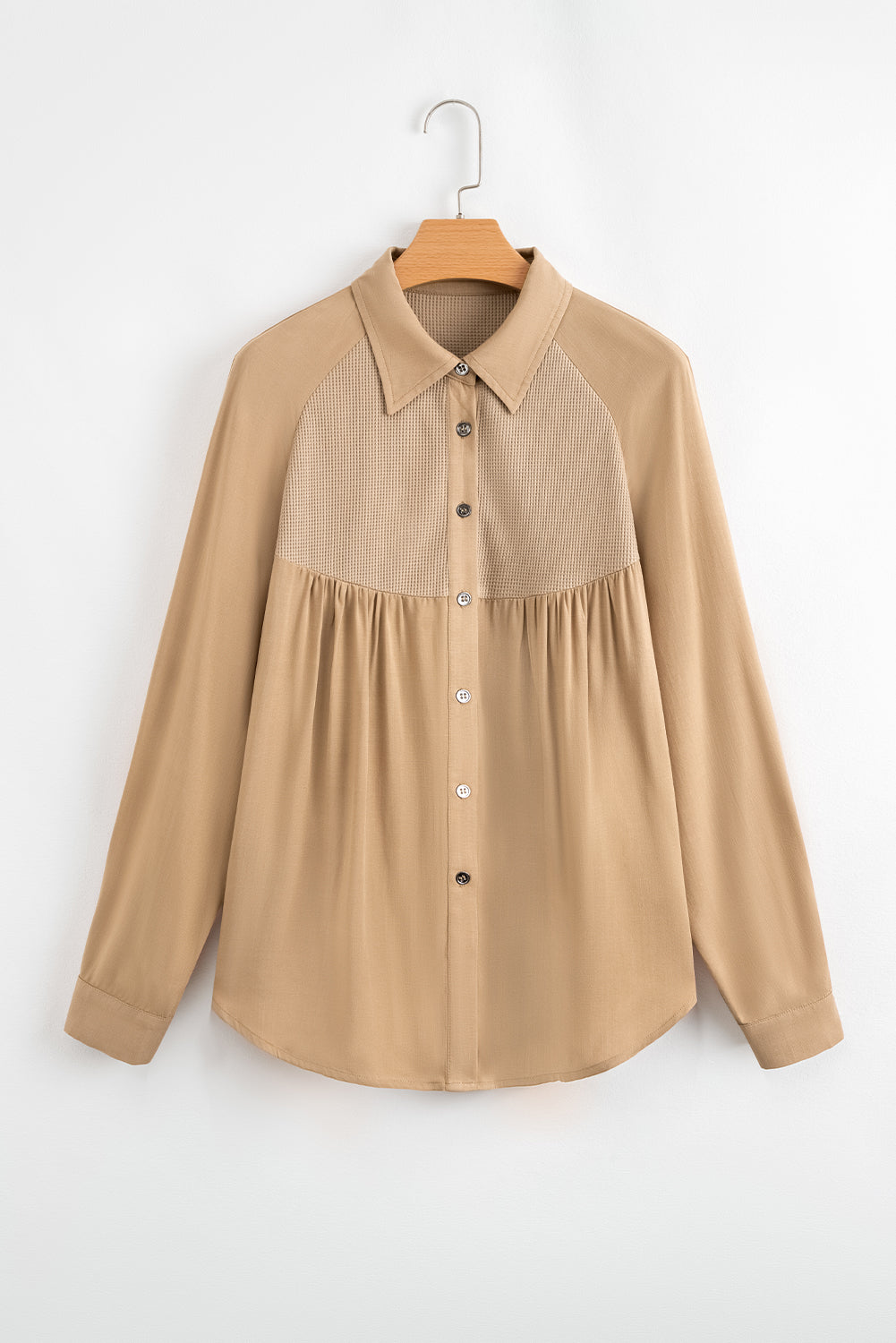 Light French Waffle Patchwork Button Up Frayed Hem Shirt