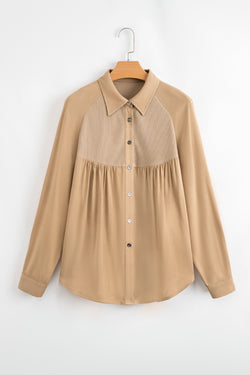 Waffle Patchwork Button Up Frayed Hem Shirt