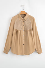 Light French Waffle Patchwork Button Up Frayed Hem Shirt