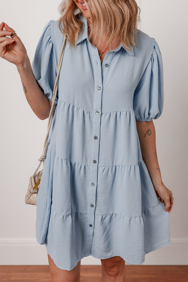 Blue Shirt Collar Button Up Short Puff Sleeve Tiered Shift Dress