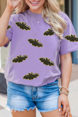 Sequin Halloween Bat Patched Casual T Shirt