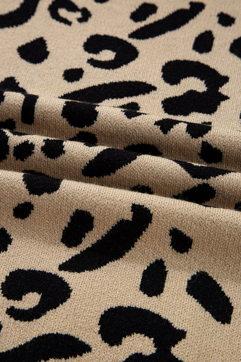 Leopard Pattern Lace Ribbed Detail Button Cuffed Sweater