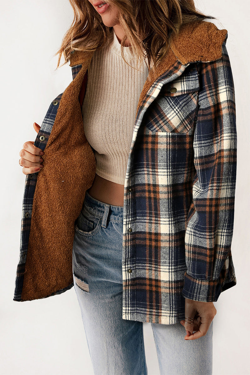 Coats and Jacket Plaid Pattern Sherpa Lined Hooded Shacket
