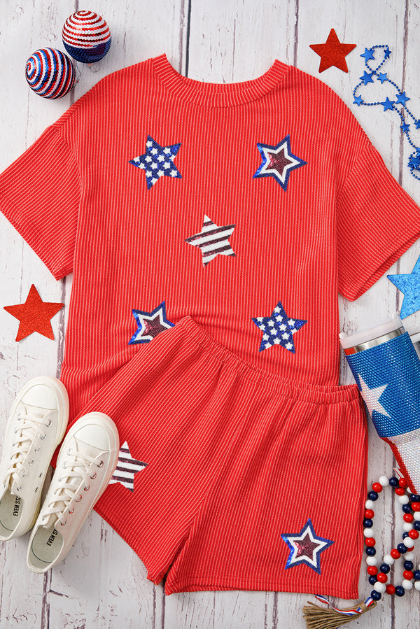 Sequin USA Flag Star Graphic Corded T Shirt and Shorts Set