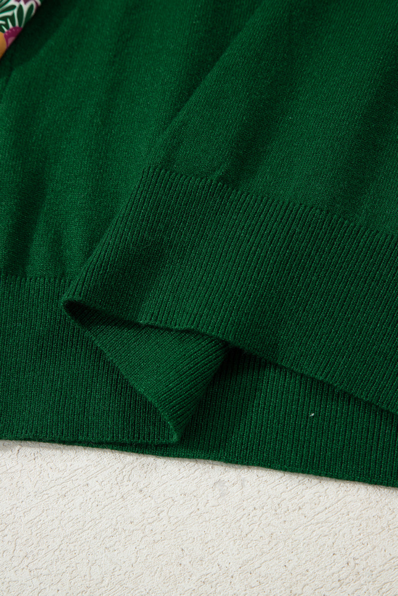 Moss Green Floral Patchwork Shirred Cuff Puff Sleeve Sweater