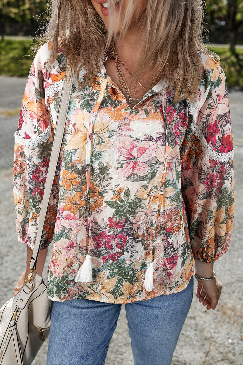 Floral Print Lace Embroidery Tie Split Neck Long Sleeve Blouse