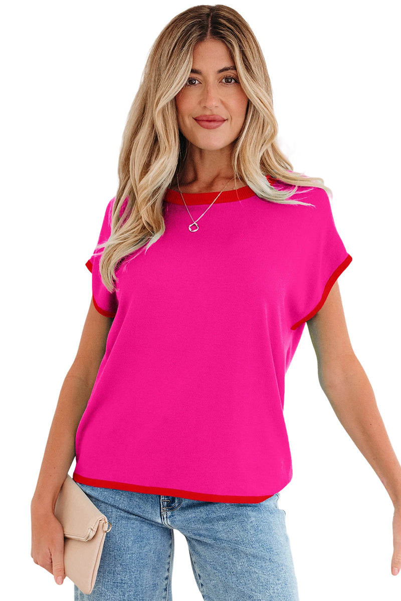 Contrast Trim Round Neck Short Sleeve Loose Knit Sweater