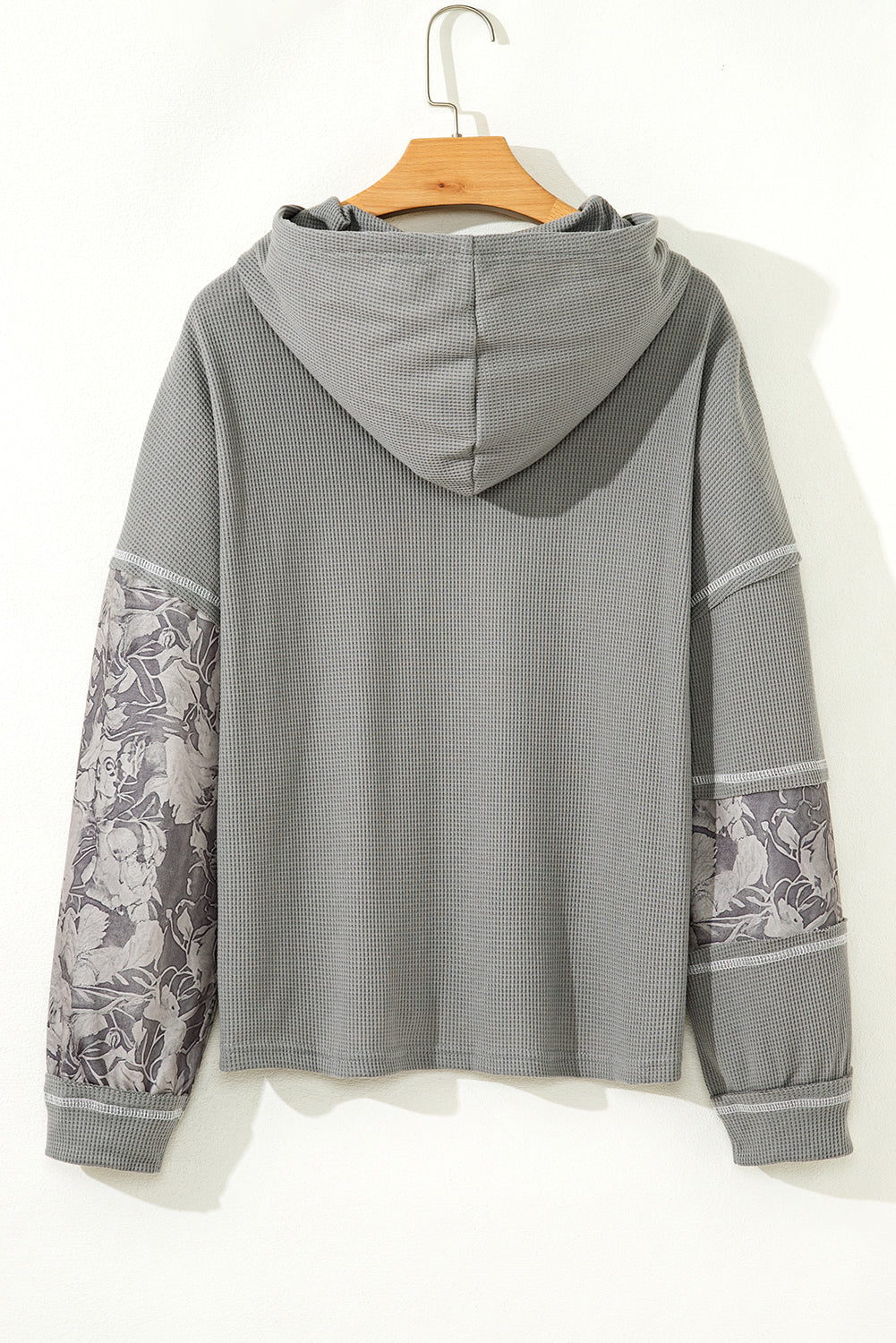 Waffle Printed Patchwork Drawstring Hooded Long Sleeve Top
