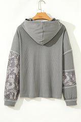 Waffle Printed Patchwork Drawstring Hooded Long Sleeve Top