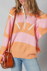 Stripe Colorblock Half Zip Oversize Sweater