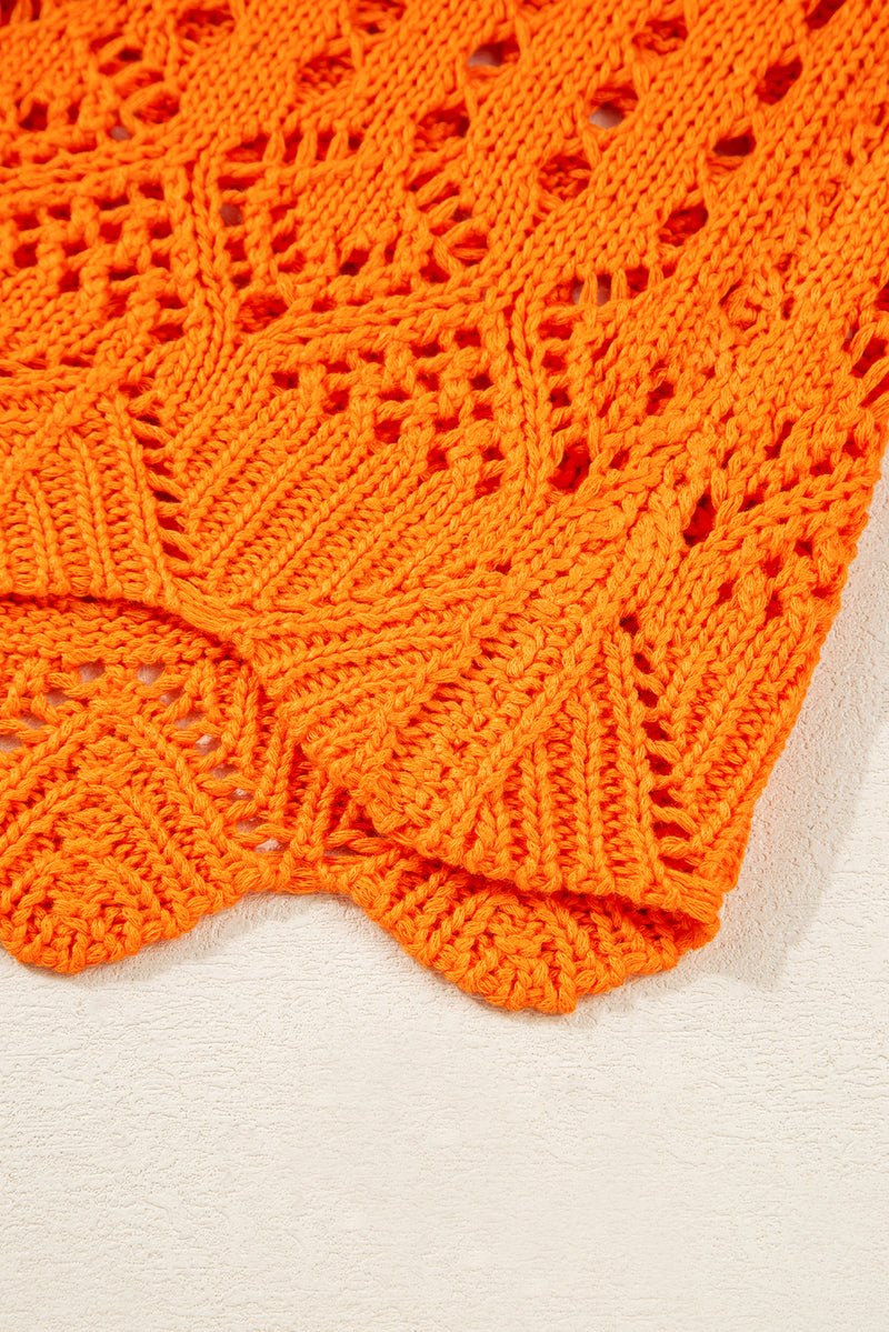 Orange Solid Color Open Crochet Scallop Edge Sweater