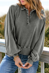 Solid Washed Snap Buttons Lantern Sleeve Pullover Sweatshirt
