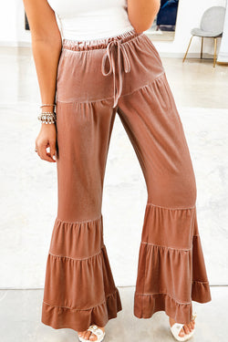 Mineral Wash Lace-up High Waist Tiered Bell Bottom Pants