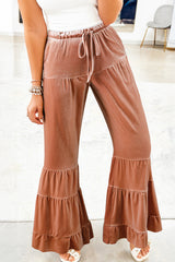 Mineral Wash Lace-up High Waist Tiered Bell Bottom Pants