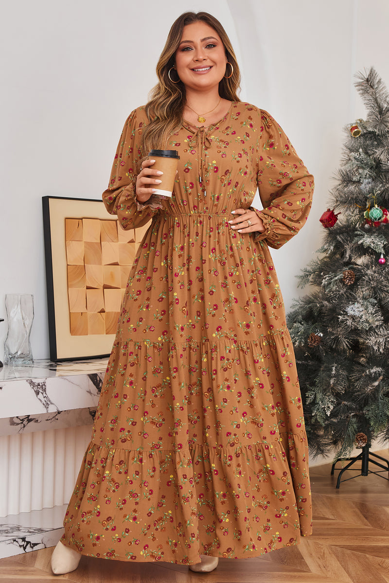 Plus Size Floral Split V Neck Ruffled Sleeve Tiered Maxi Dress