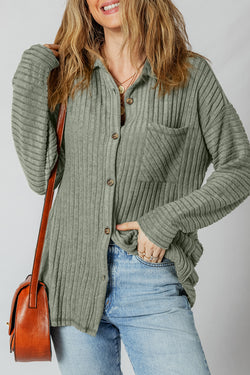 Thermal Ribbed Texture Drop Shoulder Button Up Shacket